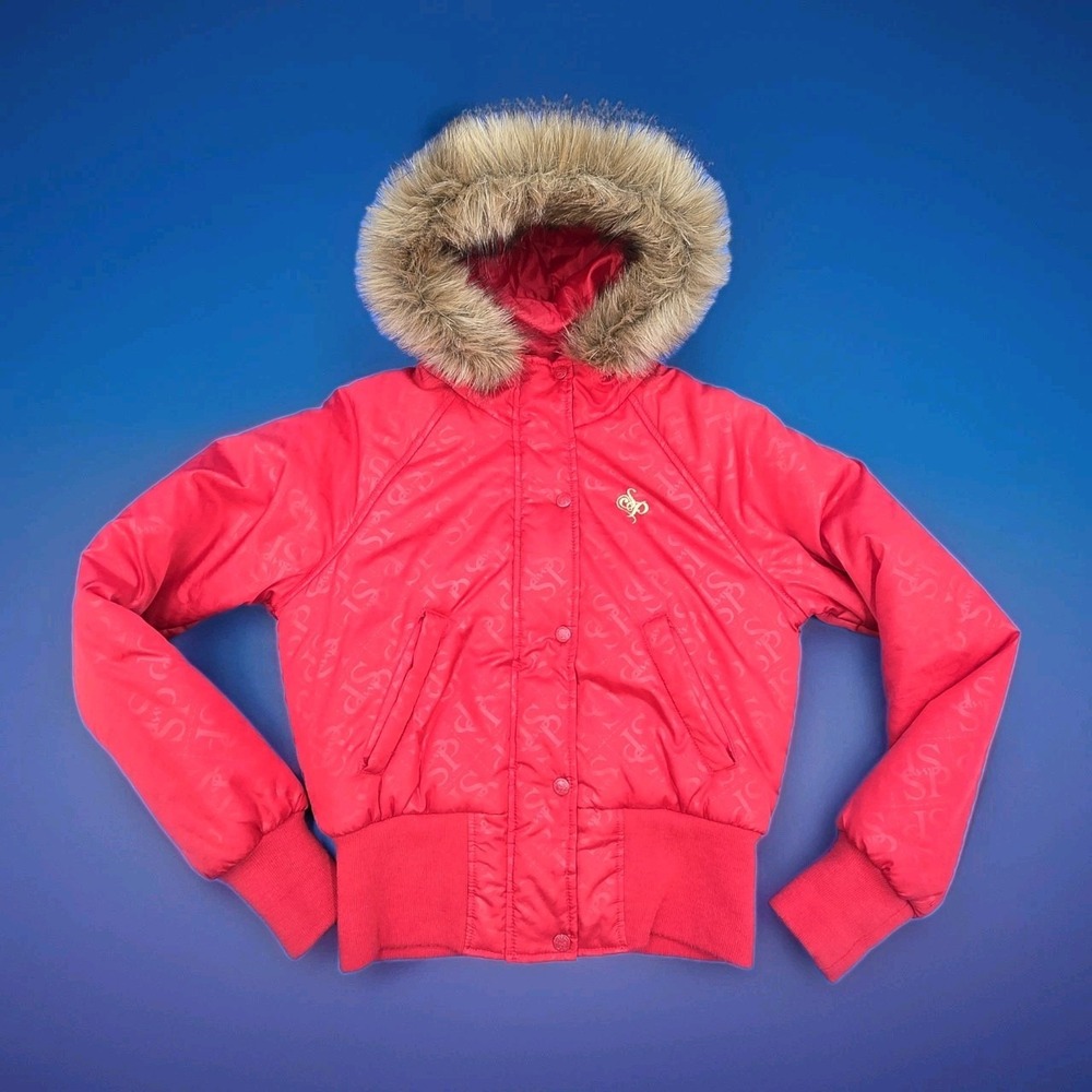 Southpole Red Monogram Puffer Jacket Y2K Faux Fur Hood‎ Streetwear Women's M